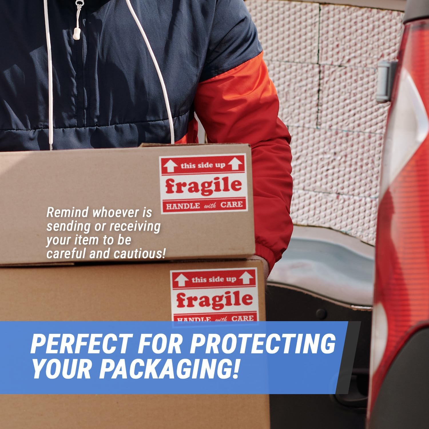 600 Labels, 2 Rolls - This Side UP Sticker Labels - Red & White 4 x 6 inch, Fragile Labels for Mailing Carriers & Handling