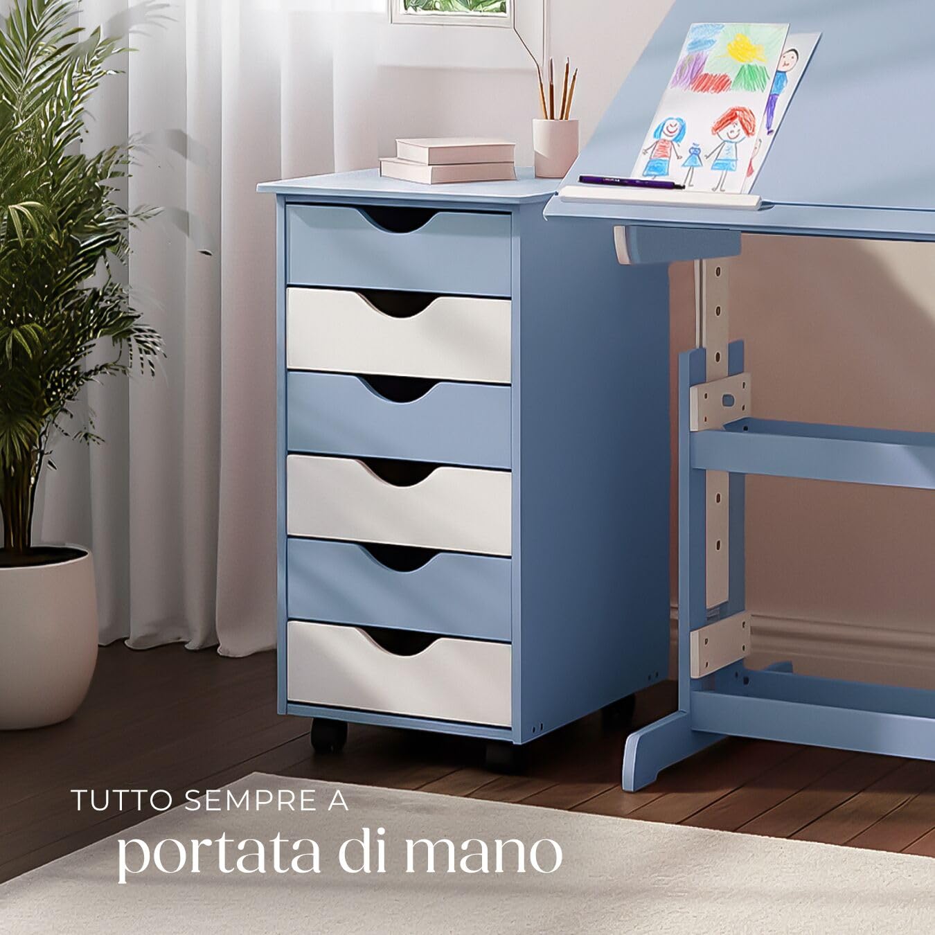 tectake® Cassettiera Ufficio con Ruote 65x36x40cm, Cassettiera Scrivania, Mobiletto salvaspazio 6 Cassetti, Organizer cancelleria, Cassetti Scrivania, Mobiletto con Ruote per Ufficio, Studio - Blu