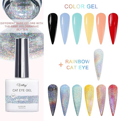 Miniatura 3 de Vettsy Esmalte de uñas de gel universal de ojo de gato arcoíris, esmalte de uñas de gel holográfico de ojo de gato, gel magnético de galaxia