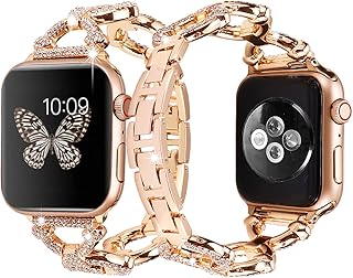 KKLOVE Glitterly Metal Cuff Bands Hollow Round Link Bangle Luxury Diamonds Strap Bracelet Compatible with Apple Watch Band 42mm 44mm 45mm Women Iwatch Series 8 7 6 5 4 3 2 1 SE (42/44/45MM, Rose Gold)