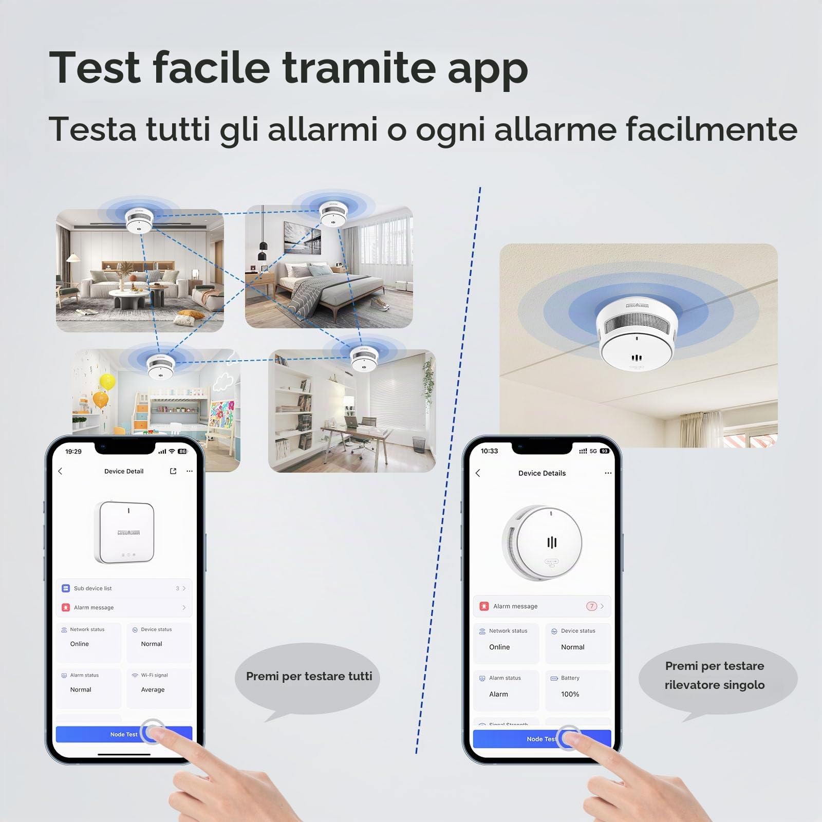 Wisualarm Rilevatore di Fumo Intelligente (con Gateway), Rilevatore di Fumo Connesso per uso Domestico, Notifiche dell'app Wisualarm, Conforme alla Norma EN14604 (5 rilevatori di fumo + 1 gateway)