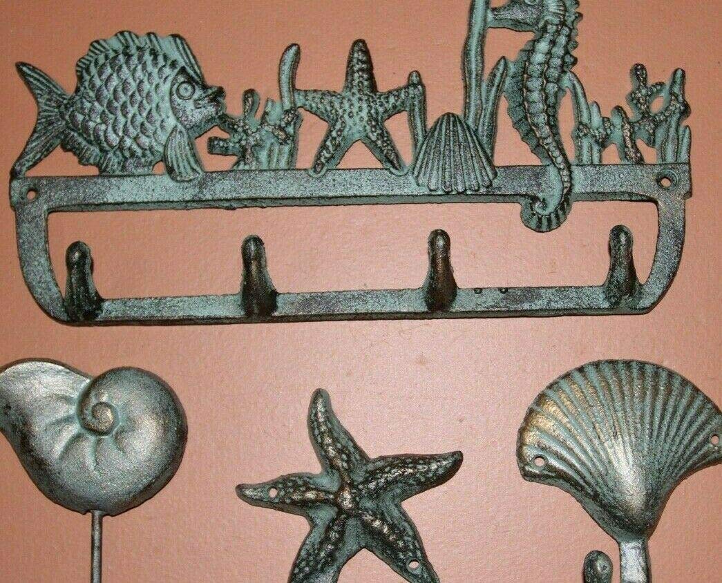 Southern Metal Sea Life Seashells Bathroom Decor, Towel Bar Hooks Rack, Bronze Look Cast Iron, 4 Items