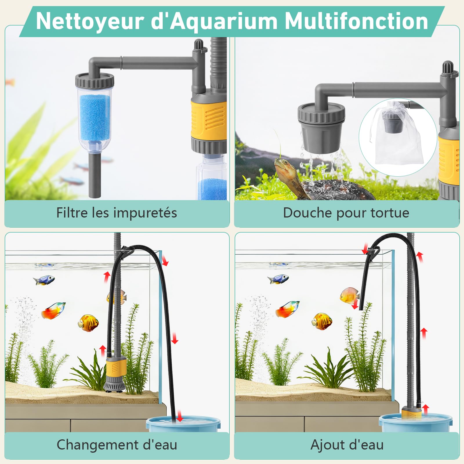 Aspirateur Électrique Pour Aquarium, 1200LPH Nettoyage Gravier 8 En 1 Amovible, 20W Aspiration Puissante Pour Changer l’Eau, Laver Le Sable, Éliminer Les Algues Et Circuler l’Eau