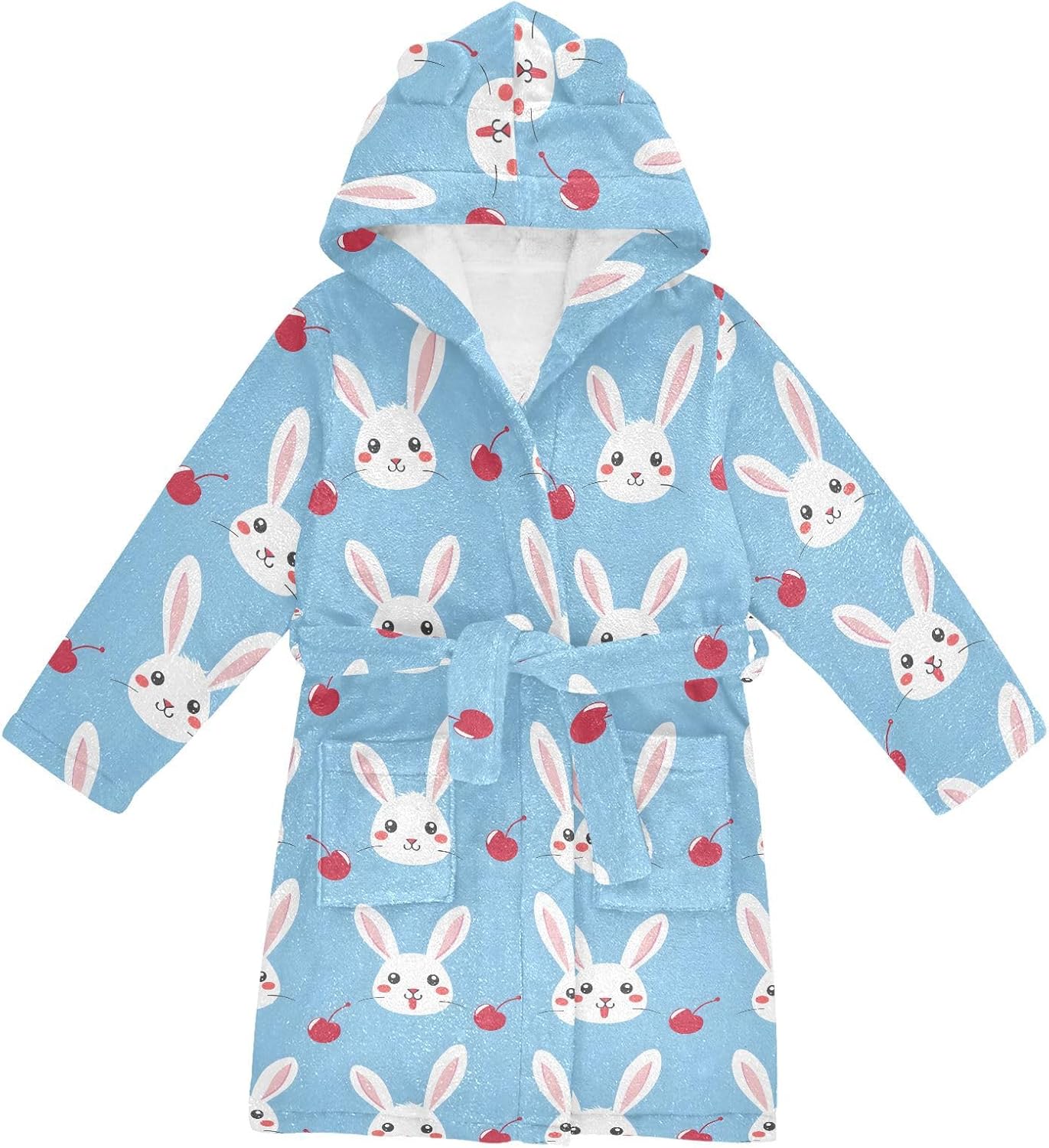 senya Rabbit Cherry Toddler Hooded Bathrobe Kids Soft Plush Bath Towel Robes for Boys Girls 2-12 Years