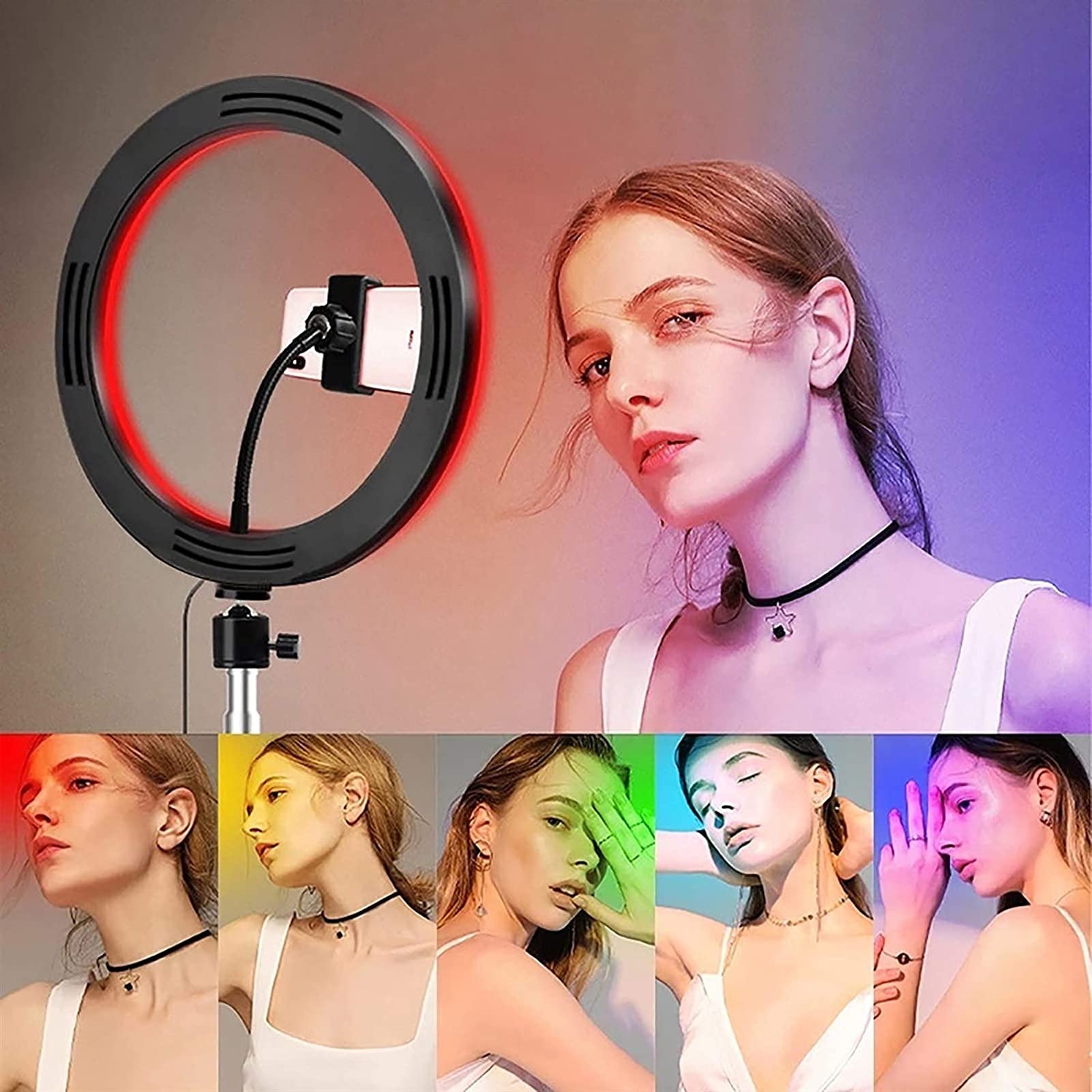 Anello Luminoso RGB da 12 Pollici con Kit Supporto treppiede - Anello Luminoso Circolare a LED per Selfie a Colori dinamici con Supporto per Telefono e Telecomando per Illuminazione per Fotografia d