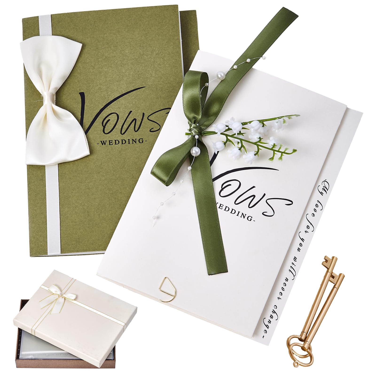 Elegant Wedding Vow Book Set for Bride & Groom - Green & White Lined Pages (Modern)