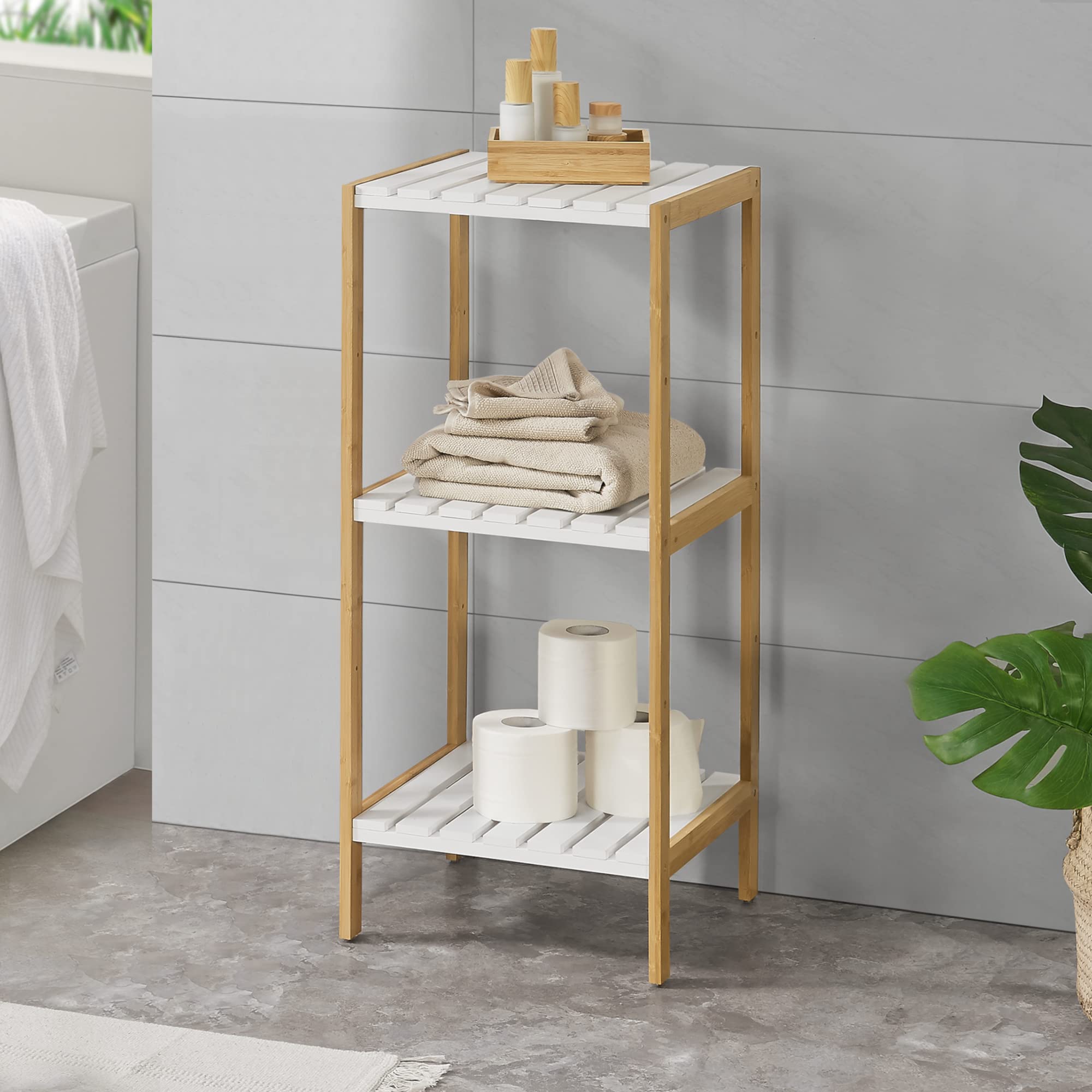 [en.casa] Estantería de bambú con 3 Niveles Balsfjord 33 x 34 x 80 cm Natural/Blanco Estante al Baño Estilo Moderna Boho