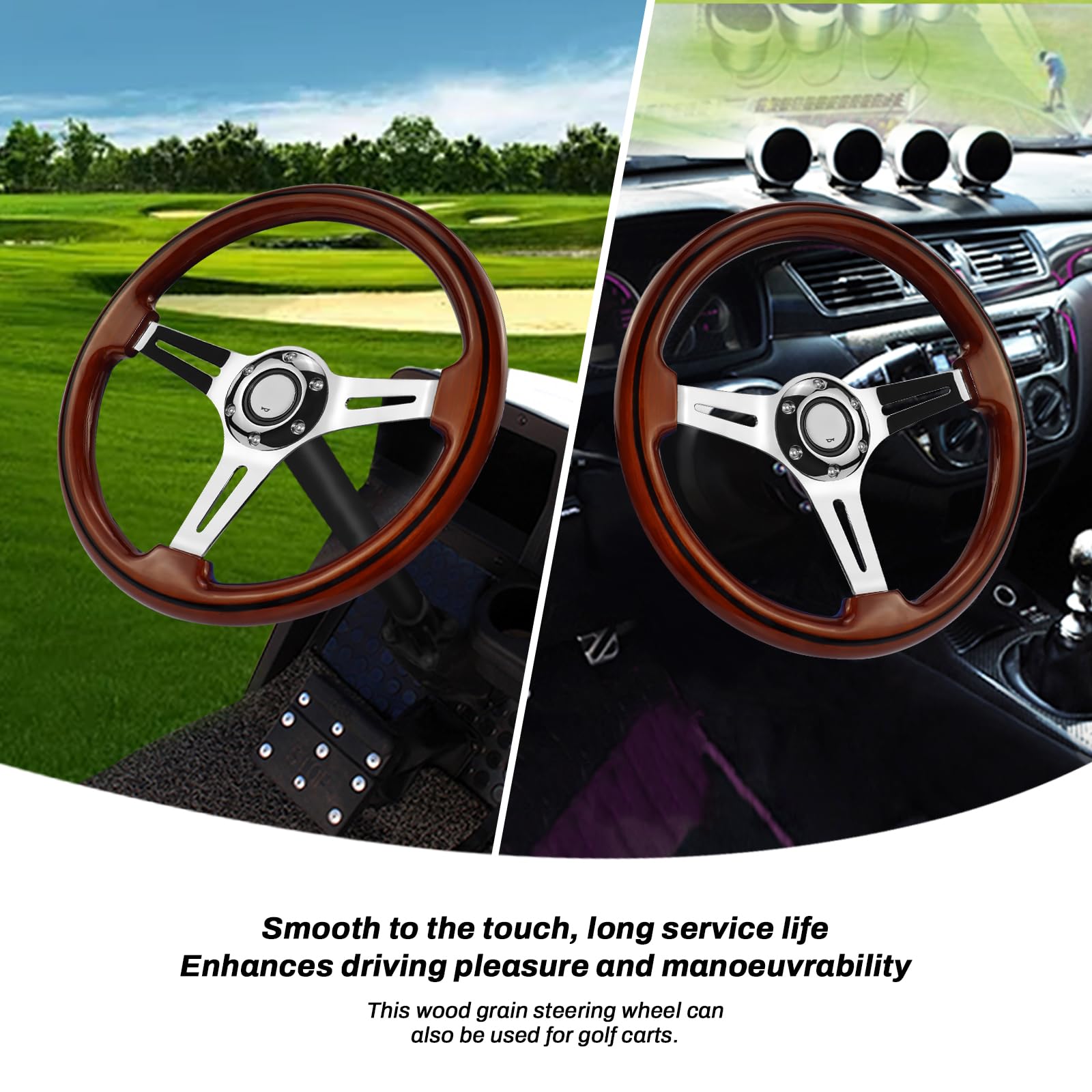 Universal Racing/Golf Cart - Volante de madera, 13,8 pulgadas, 6 pernos, grano de madera, estilo clásico vintage nostálgico con botón de claxon