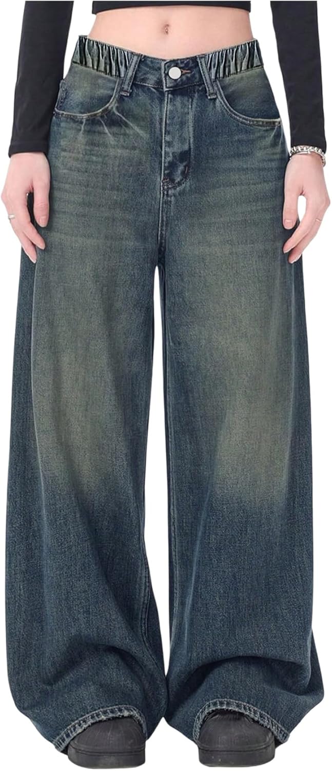 SweatyRocks Girl's Baggy Jeans Wide Leg Elastic Waist Loose Y2K Jeans Denim Pants
