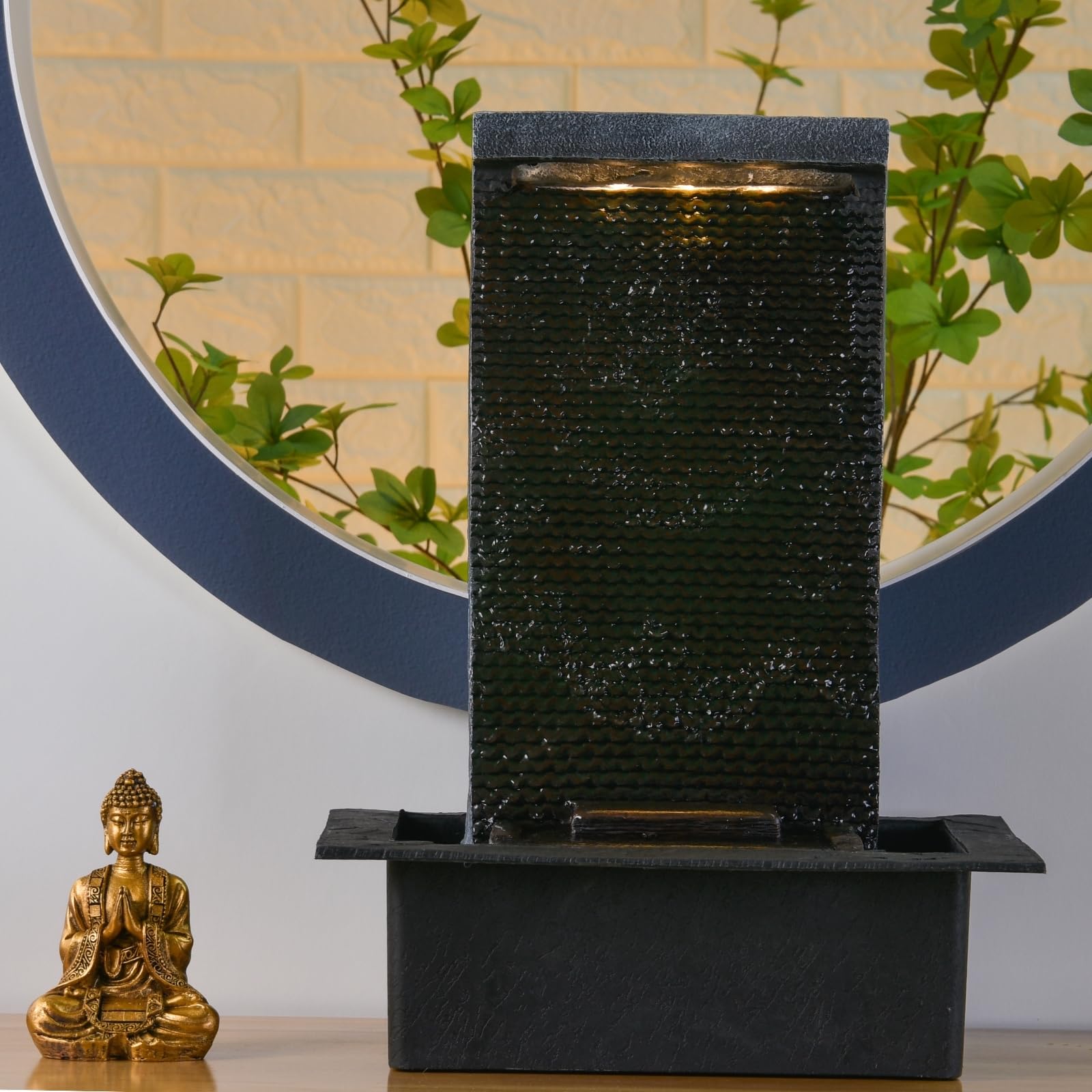 Mur d’Eau Zenitude - Fontaine d’intérieur avec Spot LED Jaune - Grande Fontaine de Table avec Statue Bouddha Amovible - Ambiance Zen pour salon, bureau, chambre - Cadeau Original - H: 40cm - Zen’Light