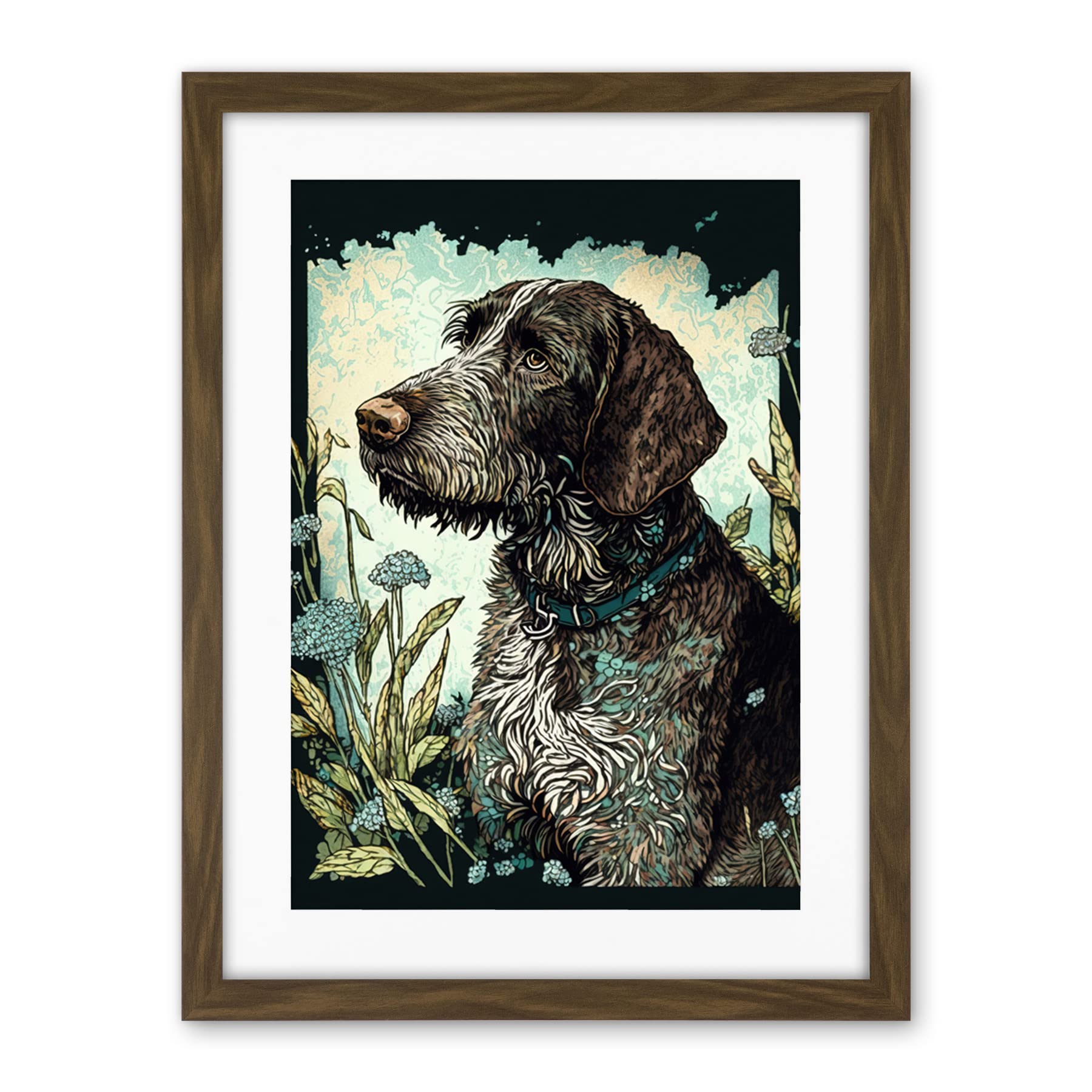 Artery8 German Wirehead Pointer Dog and Blue Wildflowers Modern Portrait Illustration Artwork Framed Wall Art Print 18X24 Inch