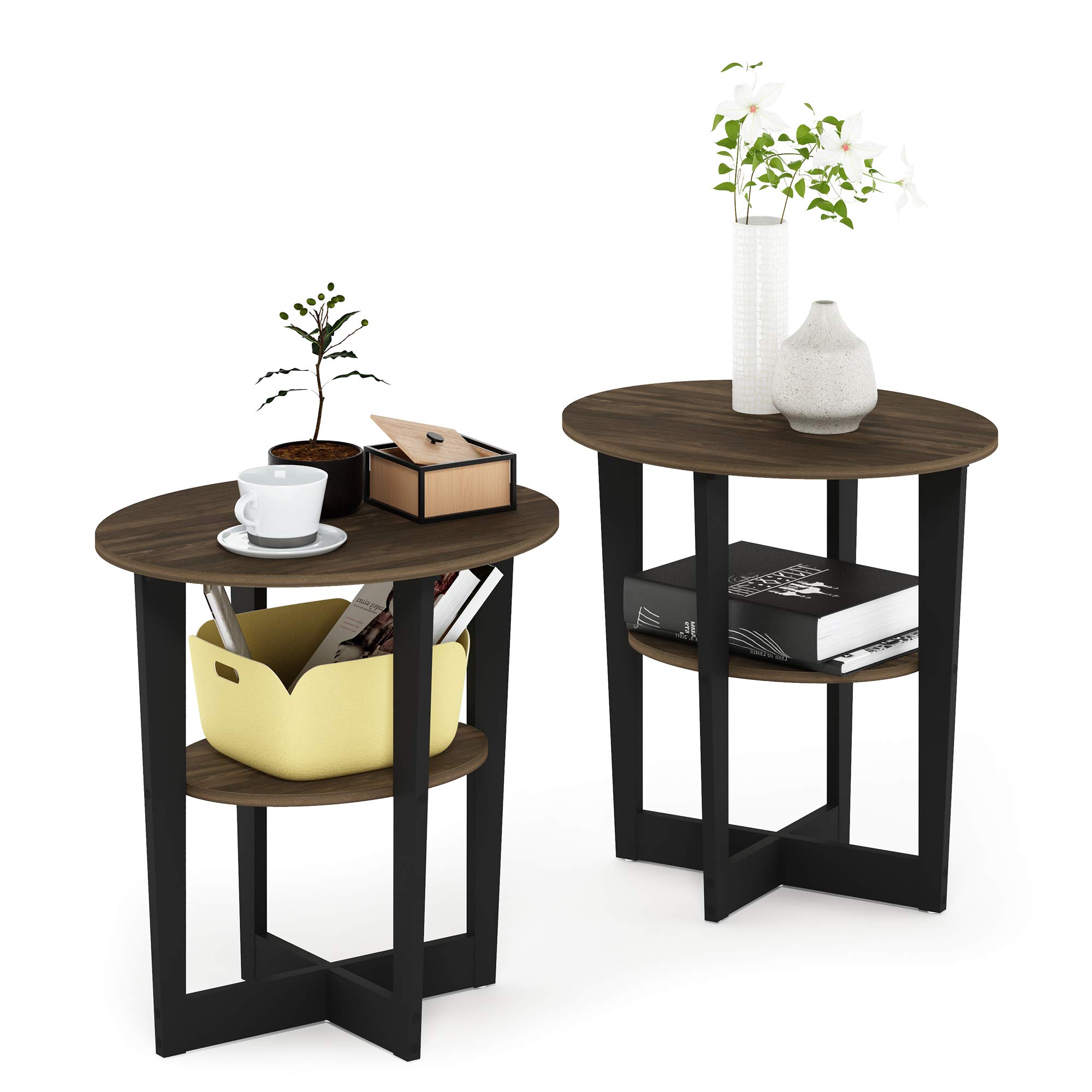 Furinno JAYA Side Table Set of 2, 2-Tier Round End Table with Oval Tabletop, Night Stand, Bedside Table with Open Shelf, for Living Room, Bedroom, Columbia Walnut