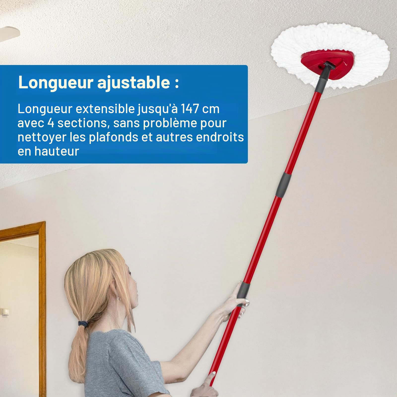 DLAIMI 1PCS Poignée pour Vileda Spin Turbo Mop Accessories，Easy Wring Mop Handle for Floor Cleaning 4-Sections with Adjustable