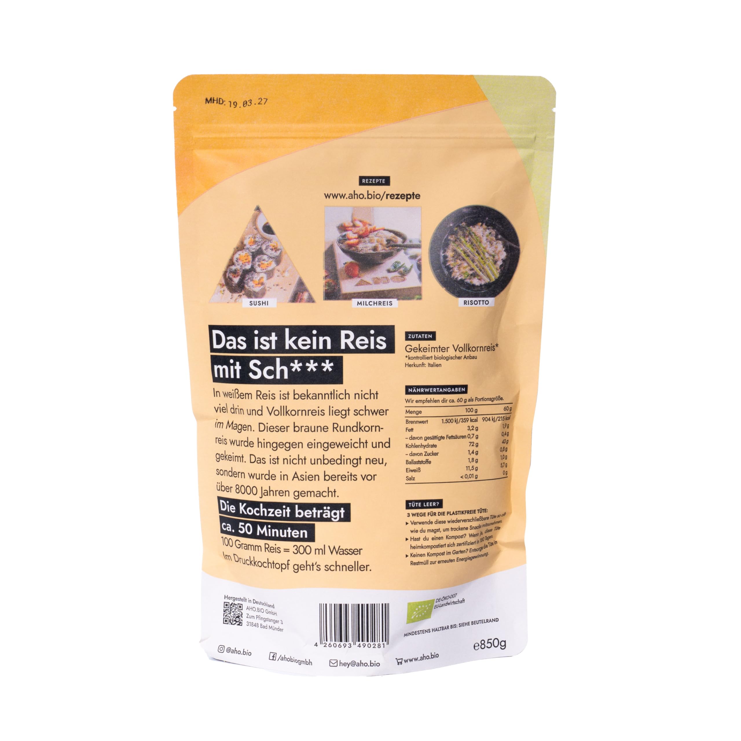 AHO Spices Riz 850 g, riz germé biologique, riz naturel à grains entiers, riz GABA, contient de l'acide gamma aminobutyrique