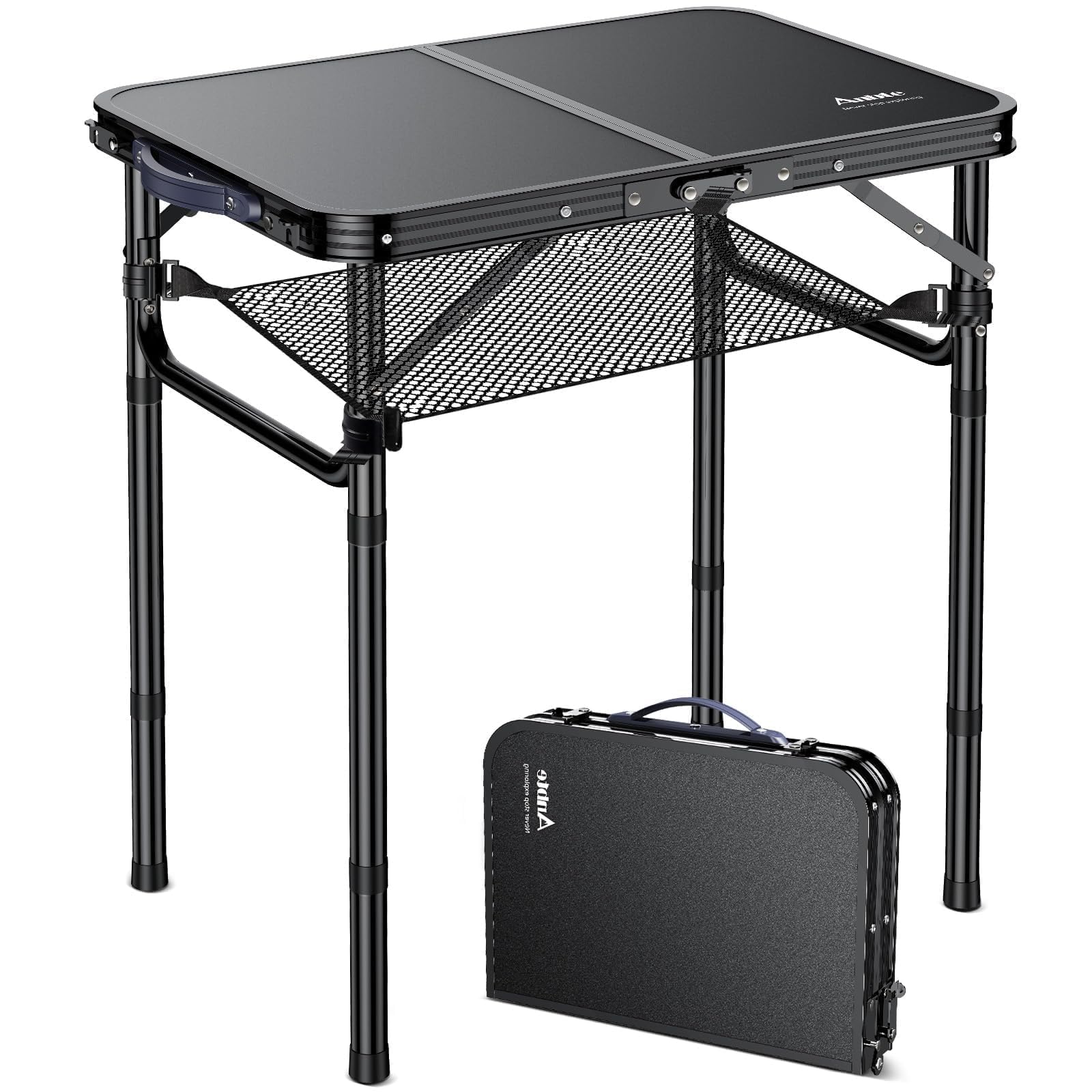 Folding Camping Table with Storage Net, Pure Black Aluminum 2ft Picnic Table 23.2" x 16" Outdoor Table Adjustable Height Max 26.4", Lightweight, Waterproof, Portable Handle for Travel Cooking