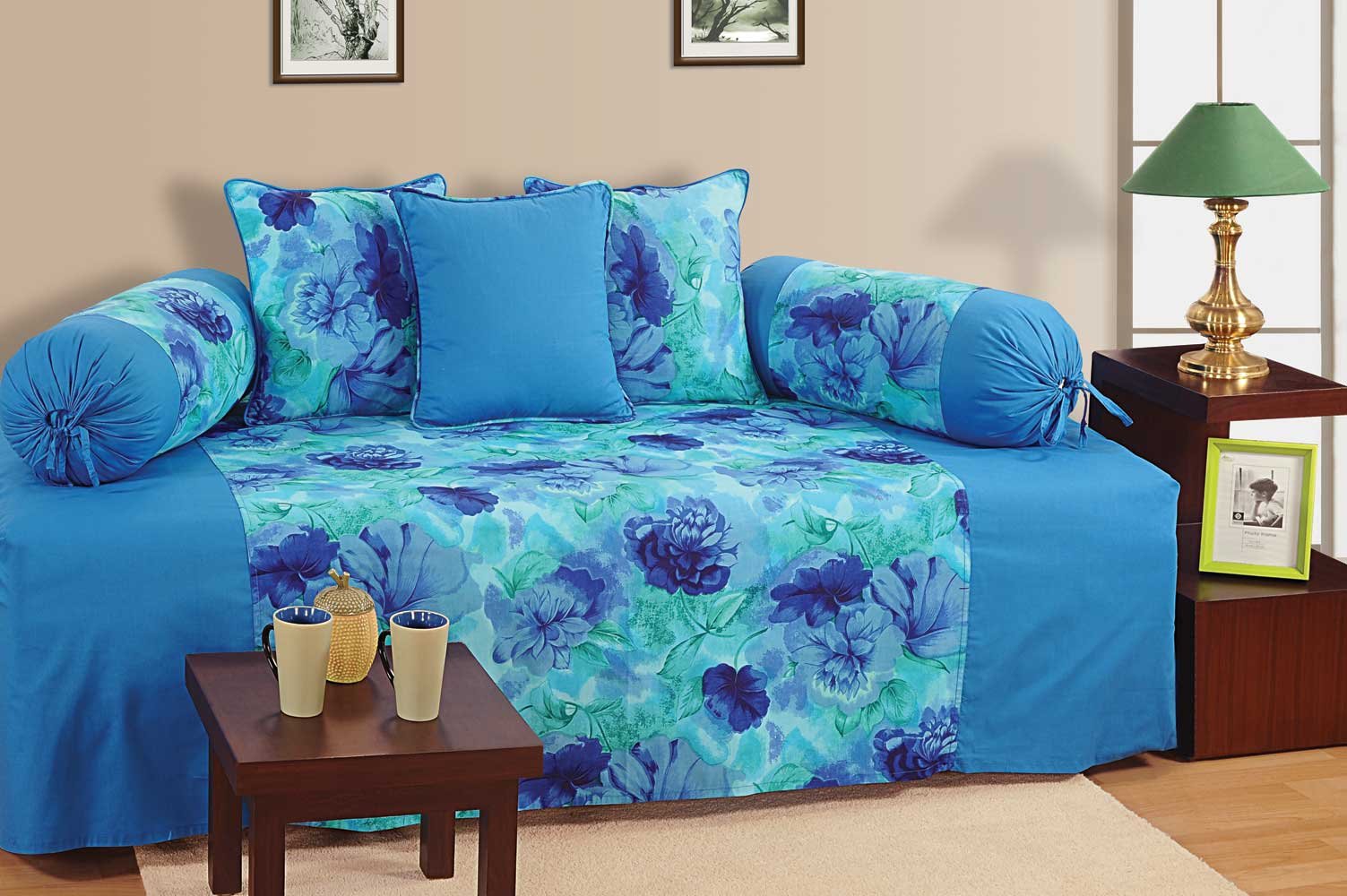 Swayam Diwan-e-Khaas Cotton 6 Piece Diwan Set (Standard, Blue)-image-11