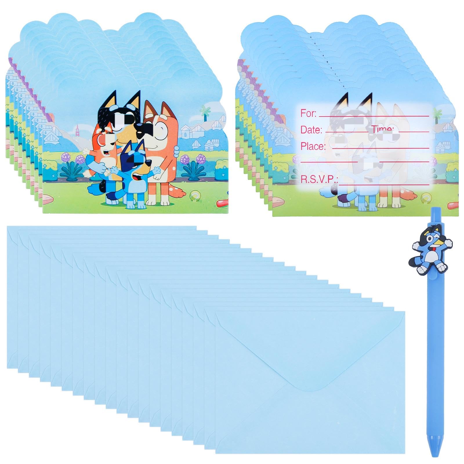 20PCS Bl-ue Party Invitations Kids+ 1Pcs Kawaii Gel Pen, Cartoon Birthday Invitations,Kids Party Invites with 20 Envelopes,Invite Cards Birthday Supplies Double Sided Invites Cards for Boys Girls
