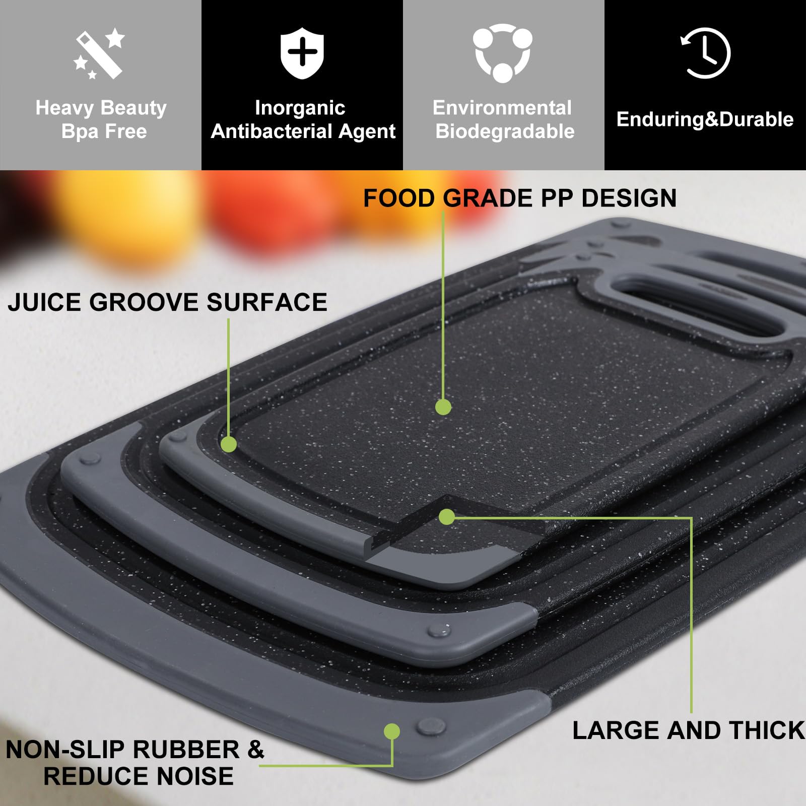 Chopping Board Set, Kitchen Cutting Boards with Non-Slip Feet and Deep Drip Juice Groove, 3PCS BPA Free Plastic Chopping Boards Dishwasher Safe Cutting Board, Black - 5