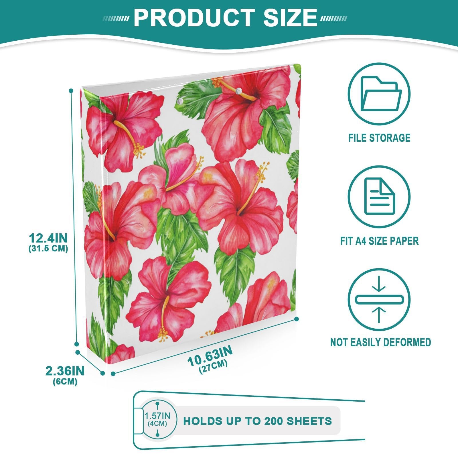 Red Hibiscus Flowers White 3 Ring Binder 1.5 Inch, Flexible D Ring Binder with Pockets, 3 Ring Binders for School, College, Office (2 Pack)