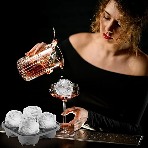 Miniatura 5 de Nax Caki Juego de 2 bandejas de moldes para cubitos de hielo de rosas 3D, 4 moldes gigantes de silicona grandes de 2.5 pulgadas, moldes de hielo