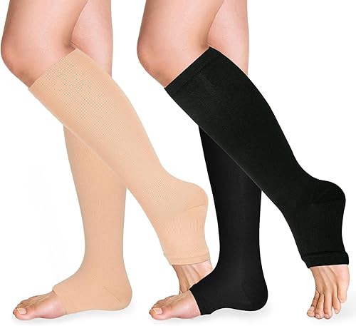 Calcetines de compresión de punta abierta de 15-20 mmHg para mujeres y hombres, medias de compresión de circulación sin dedos hasta la rodilla