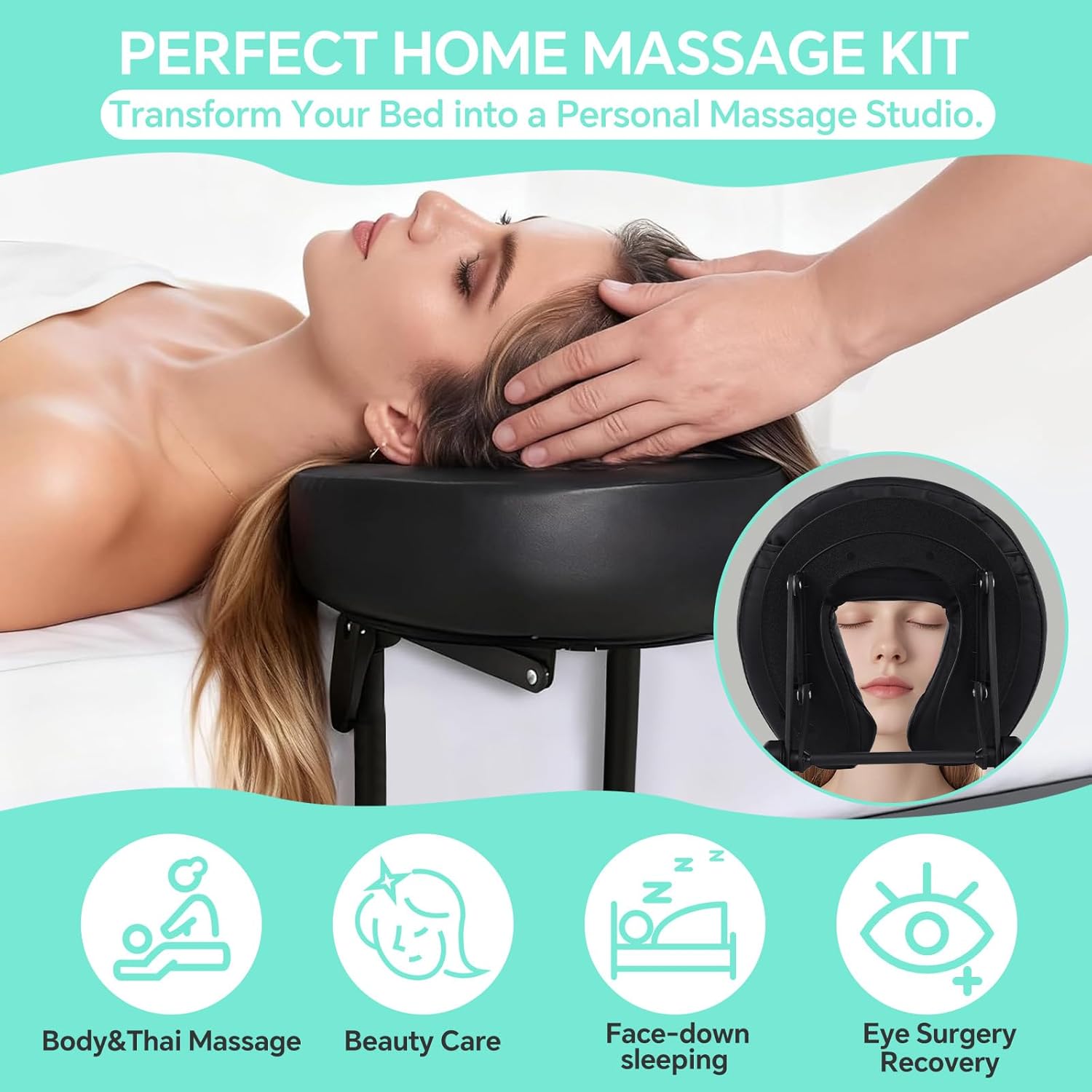 Portable Massage Headrest for Bed, Adjustable Face Cradle & Face Down Pillow - Foldable Home Massage Kit for Mattress Top, Fits 5.5 to 17.7 Inch Mattress