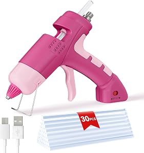 Hot Glue Gun with 30 Glue Sticks,20W Rechargeable Pink Hot Glue Gun and Sticks Set,Mini Glue Gun for School Craft DIY Arts,Quick Home Repairs & Decoration