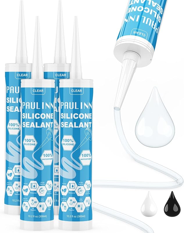 PAULINN Silicone Sealant, 100% Silicone Caulk Clear Waterproof for RV, Kitchen, Bath, General Use, Window, Door, Glass, Marine, 10.2 Oz, 4 Packs