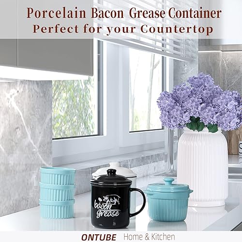 Miniatura 3 de ONTUBE Recipiente de grasa de tocino de cerámica con colador, almacenamiento de aceite de cocina puede engrasar Keeper para cocina
