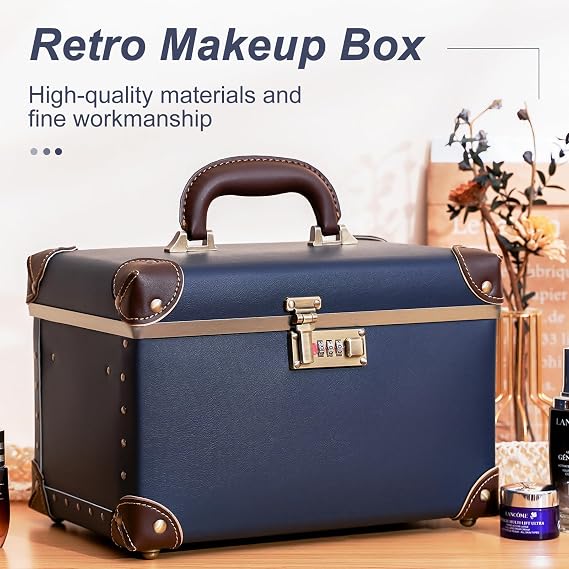 urecity Vintage Makeup Train Case, Navy Blue Artificial Leather, Professional Cosmetic Organizer with Metal Combination Lock, Retro Style Storage Box