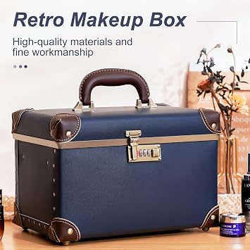 urecity Vintage Makeup Train Case, Navy Blue Artificial Leather, Professional Cosmetic Organizer with Metal Combination Lock, Retro Style Storage Box