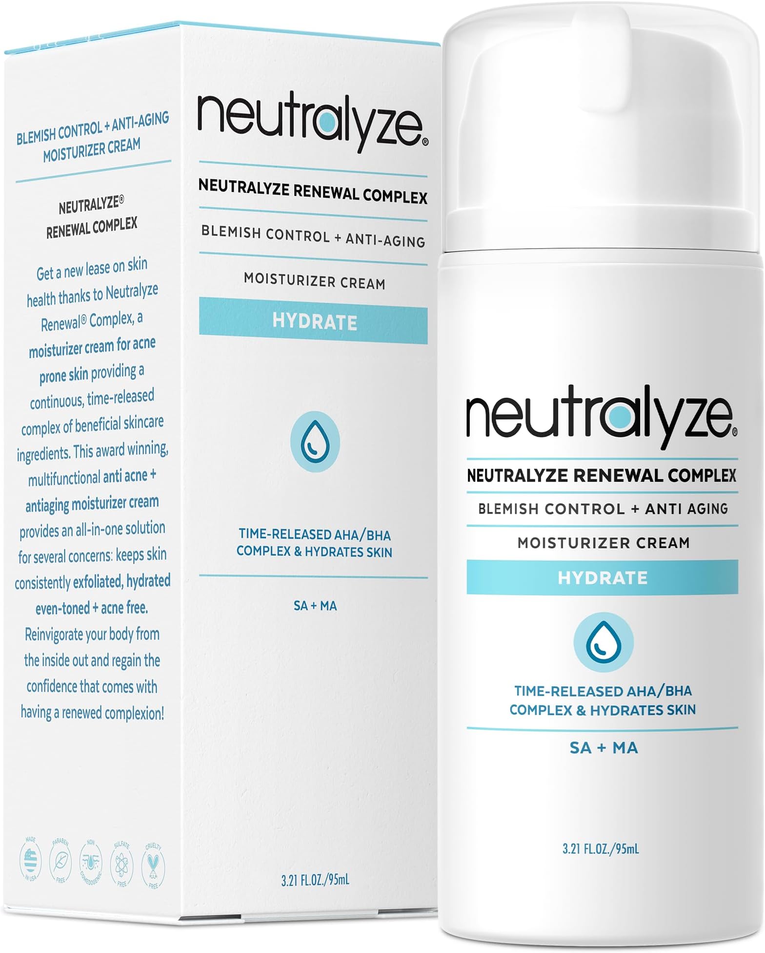 Anti-Acne Solution Maximum Strength Moisturizer Cream with Time-Released 2% Salicylic + 1% Mandelic Acid + Nitrogen Boost (3.4oz)
