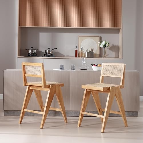 Miniatura 4 de Juego de 2 taburetes de ratán de 26 pulgadas, modernos de mediados de siglo con asiento de bastón, silla de bar retro con reposapiés, marco de