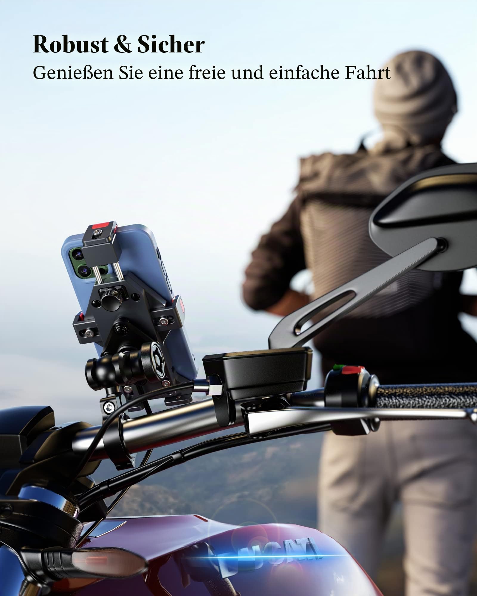 BRCOVAN Metall Motorrad Handyhalterung mit Qi 15W Drahtloses Ladegerät | mit Vibrationsdämpfer, Aluminiumlegierung, Einstellbar Outdoor Lenker Handy Halterung für 4,7-7,2 Zoll Smartphone