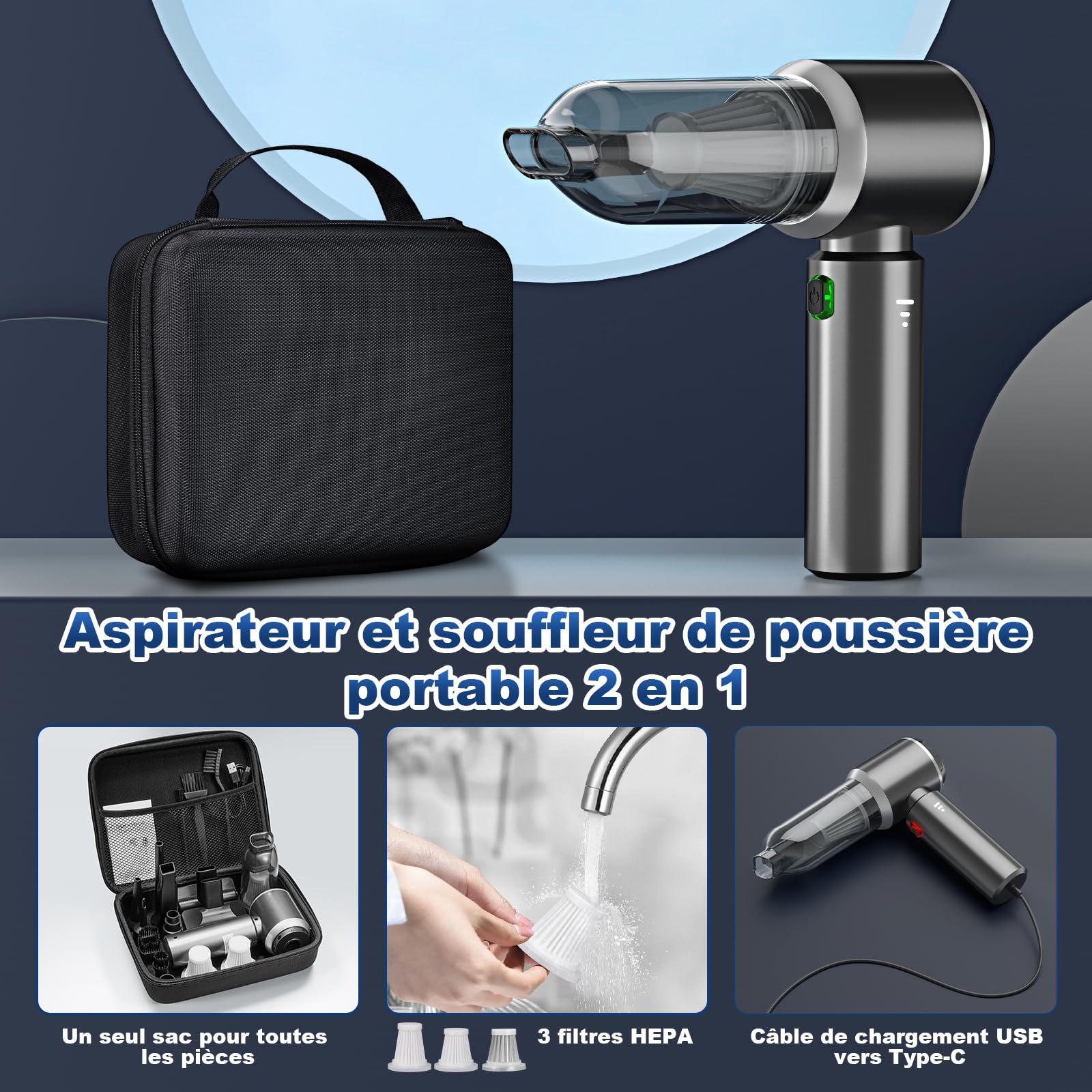 Aspirateur à Main 2 en 1 sans Fil, 28000 PA, aspirateur à Main Puissant, 3 Vitesses, 220000 TR/Min, Vaporisateur d'air comprimé pour Voiture, Cuisine, PC, canapé