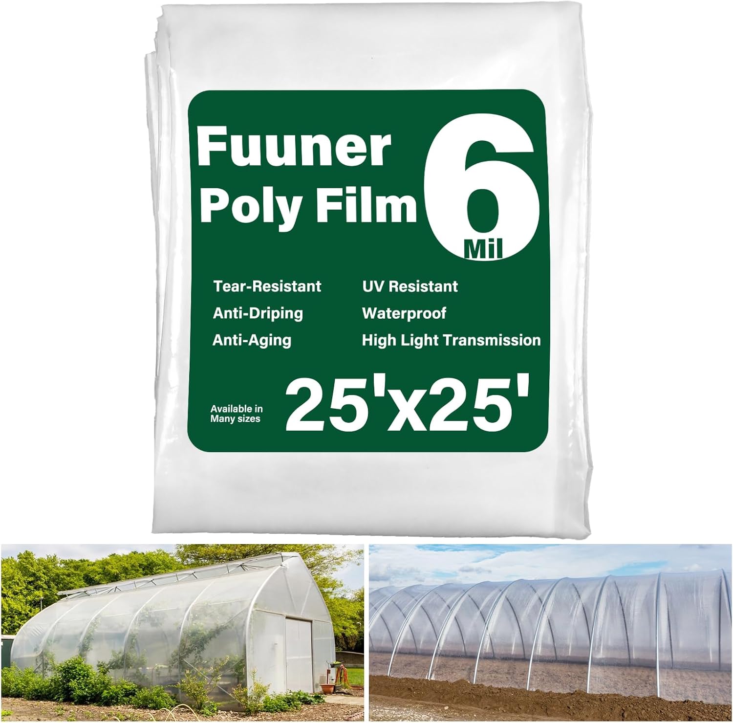 Greenhouse Plastic Sheeting 6 Mil, 25 x 25FT Heavy Duty Clear Polyethylene Film for Greenhouses, High Light Transmission, Weatherproof, UV Resistant, Plastic Covering for Gardening, Farming