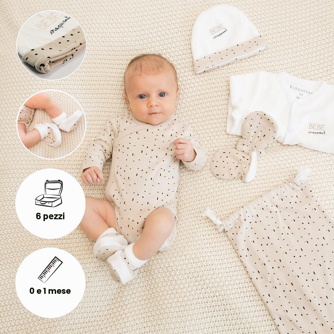 Kit Nascita Bébé Craquant - 6 Pezzi (Pigiama, Body, cuffietta, Scarpette, Guanti e Sacchetto) - Bambina, Bambino, Misto - Velluto - 1 Mese
