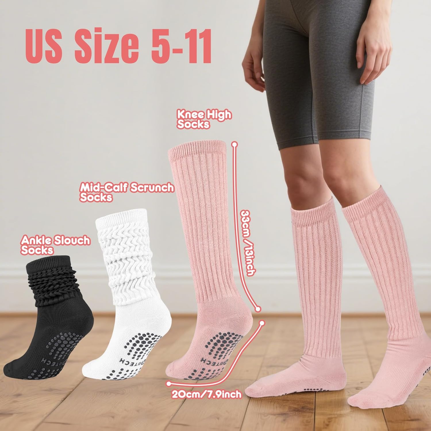 Pilates Slouch Socks for Women,3 Pairs Grippy Scrunch Socks for Hospital Yoga,Barre Workout - Image 2