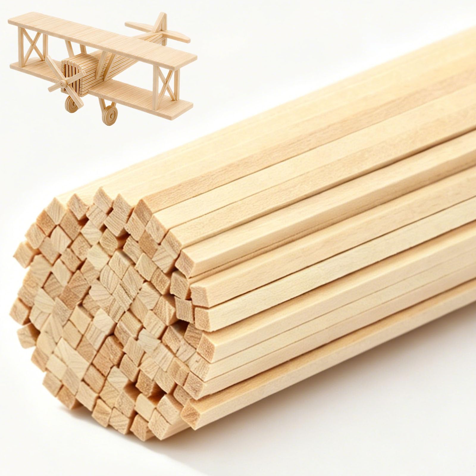 Kuanght 100PCS Balsa Wood Sticks, Smooth Square Wooden Sticks, Unfinished Wood Dowel Rods Natural Wooden Strips for Making DIY Handcrafted Works, Airplanes, Buildings and Ship Models(30.5x0.3cm)