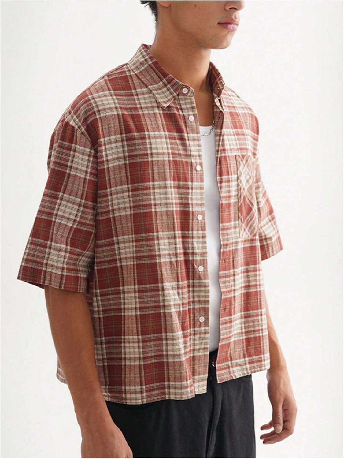 GORGLITTER Men's Gingham Cropped Shirt Plaid Button Up Short Sleeve Checkered Vintage Streetwear Crop Tops Tee - Image 3