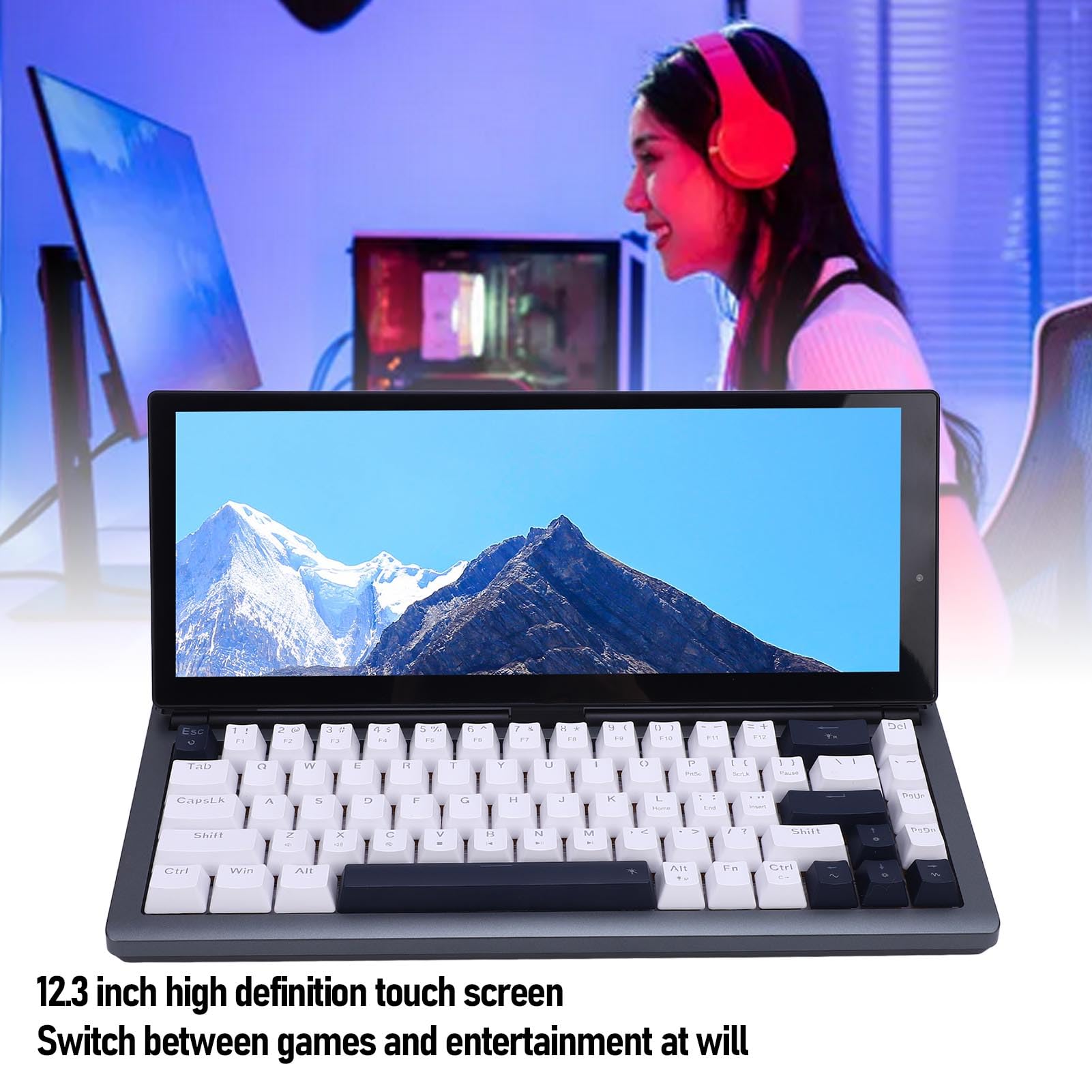 Klawiatura Mechaniczna z 12,3-calowym Ekranem Dotykowym, 20 Oświetleniem 68 Klawiszy Przenośna Mechaniczna Klawiatura do Gier RGB USB z 2 Magnetycznymi Głośnikami (wtyczka UE)