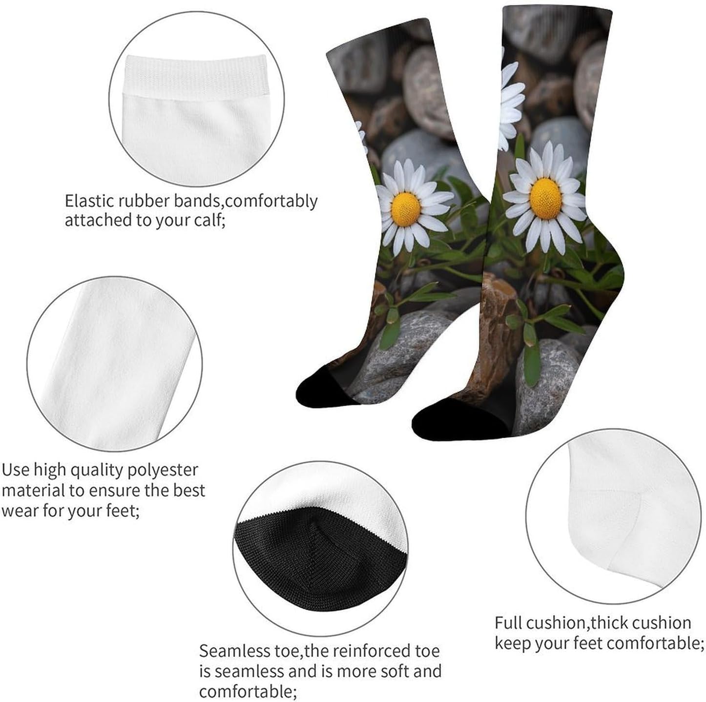 Breathable Sports Socks, Moisture Wicking, Lightweight Crew Socks | Daisies And Rocks Athletic Calf Socks for Women Men, Casual, Anti-Slip, Multifunctional Work Socks