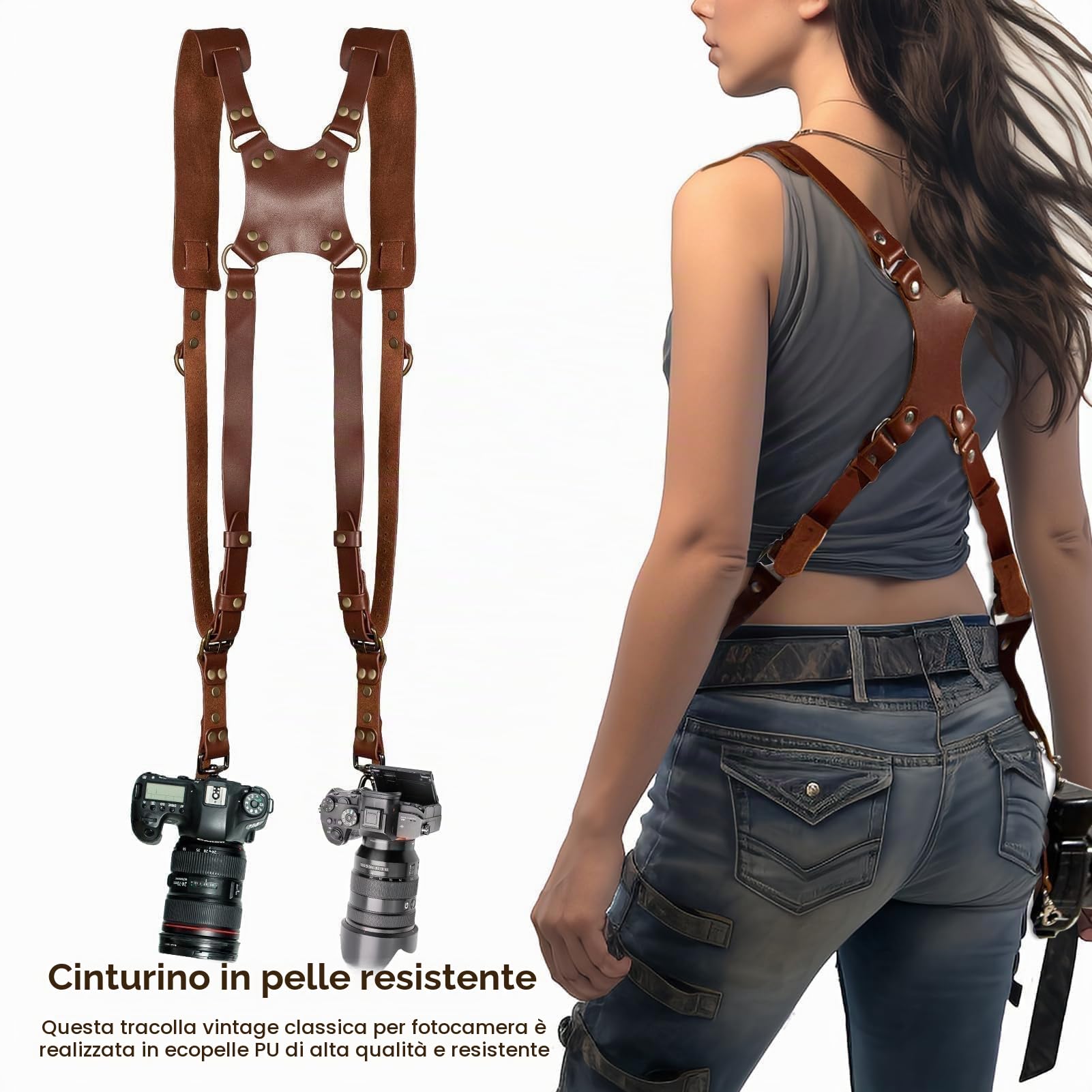Tracolla Macchina Fotografica, Imbracatura Vintage Doppia Spalla per DSLR SLR, Imbracatura per Fotocamera Doppia in Pelle di Regolabile, Tracolla doppia fotocamera per fotografi di tutti i livelli