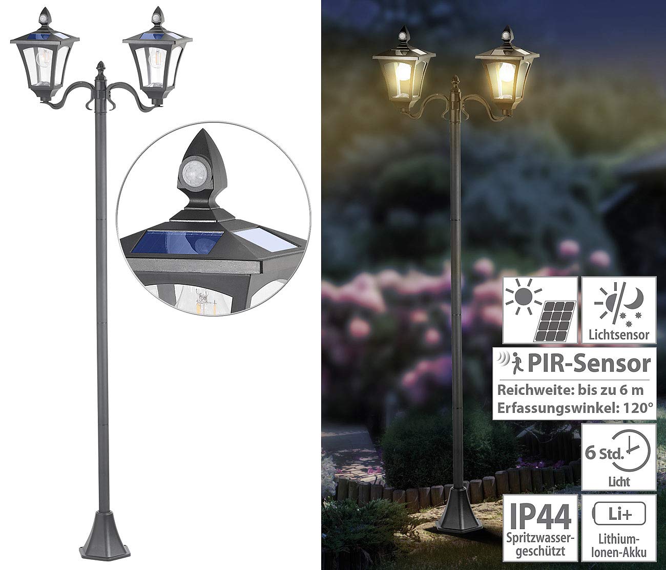Royal Gardineer Solar Parkleuchte: Solar-LED-Gartenlaterne,180 cm, 2 flammig, PIR- & Licht-Sensor (Wegeleuchte, Mastleuchte, Parkplatz)