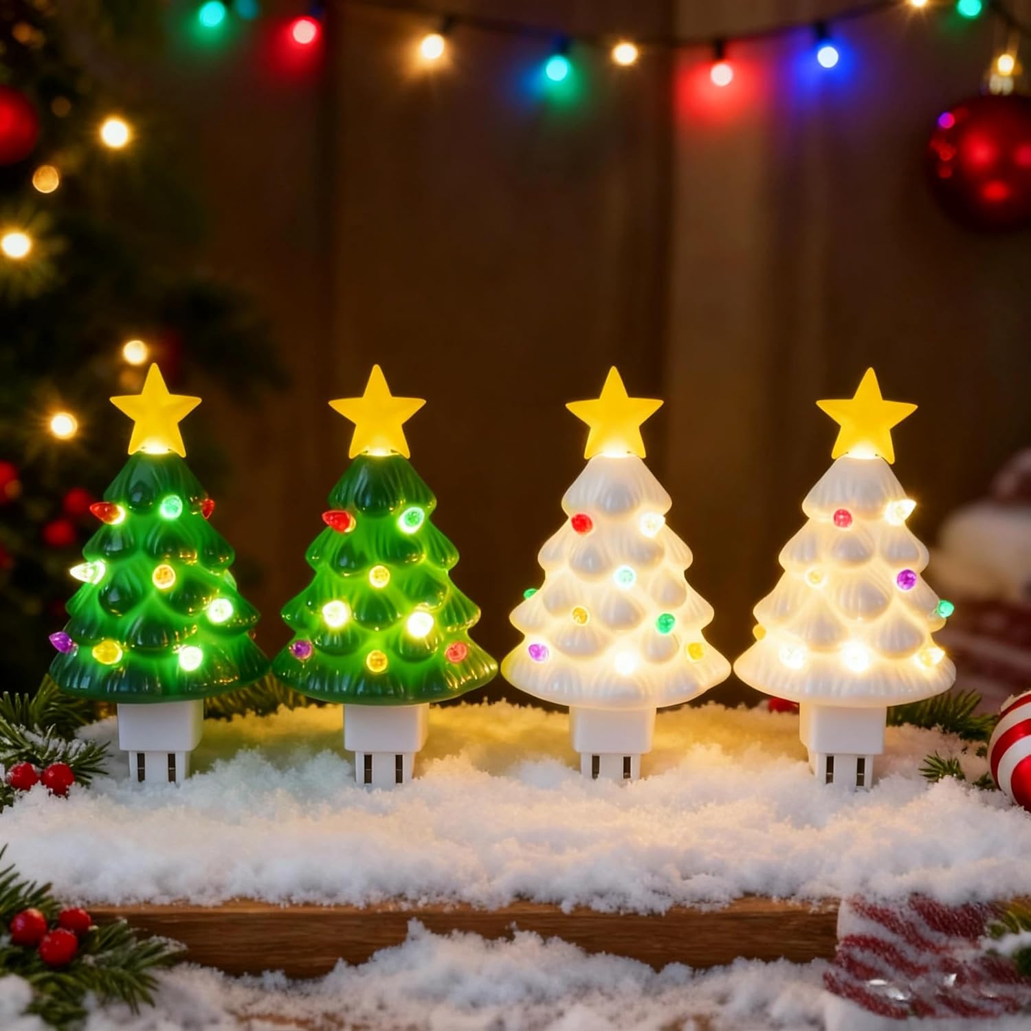 Christmas Tree Night Light Plug-in - 4 Pack 6" Decorative Christmas Tree Night Lights with ON/OFF Switch, Plastic Christmas Night Light for Kitchen Bathroom Bedroom Hallway Porch Office Holiday Decor