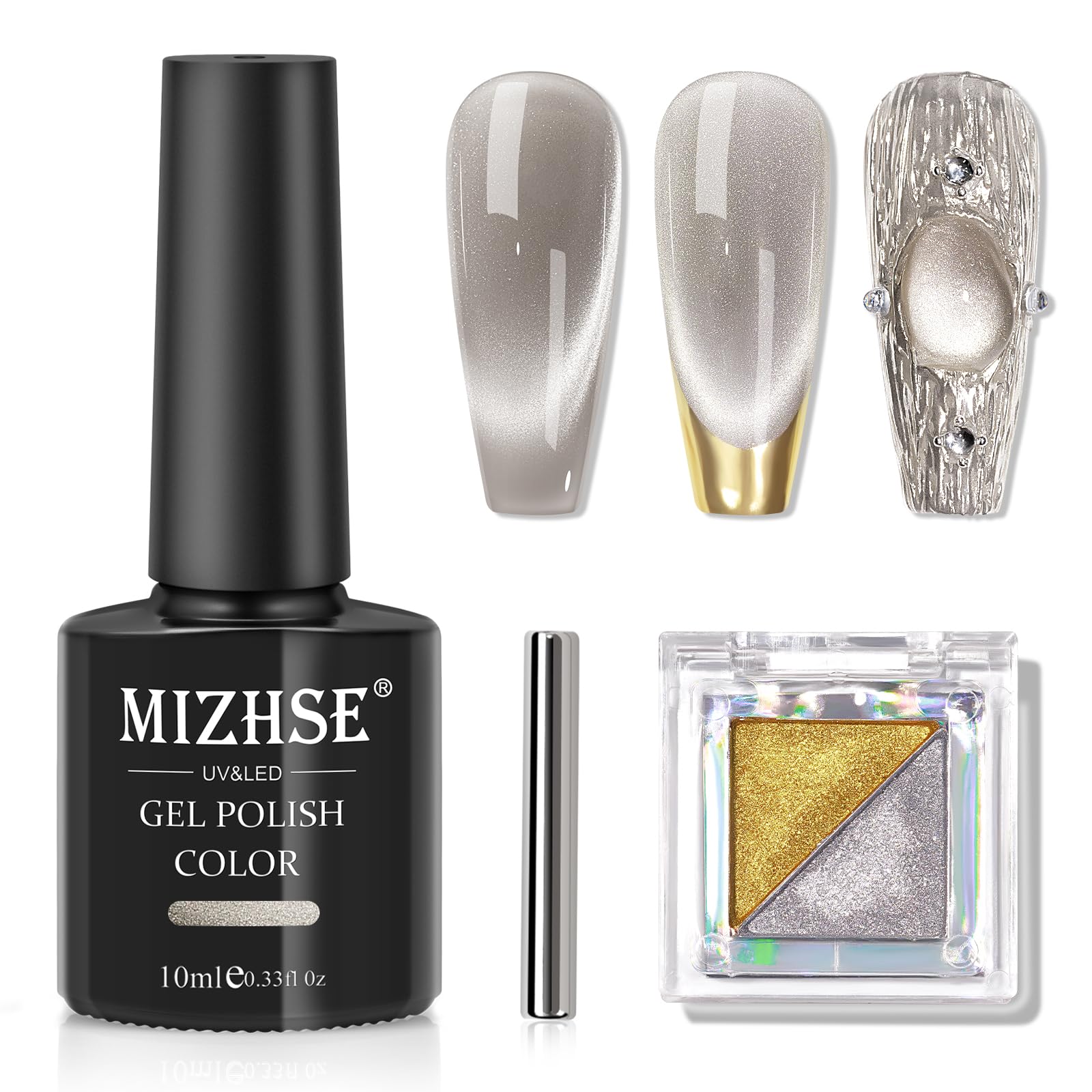 MIZHSE Cat Eye UV Gel, Cateye Magnet Nagellack, Gelnagellack mit Silber Gold Chrompulver, Glass Effekt Cat Eye UV Gel, 10ml