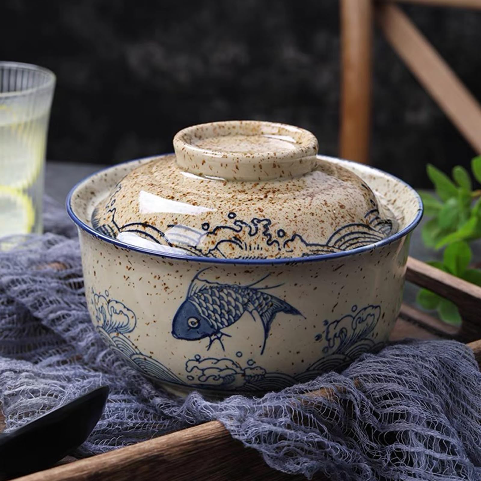 Bol à ramen en céramique avec couvercle,Bol Japonais,Bol Ramen en Porcelaine,Bol de Nouilles Instantanées,Bols à Soupe,Vaisselle Japonaise,pour pho, céréales, soupe (Style A)