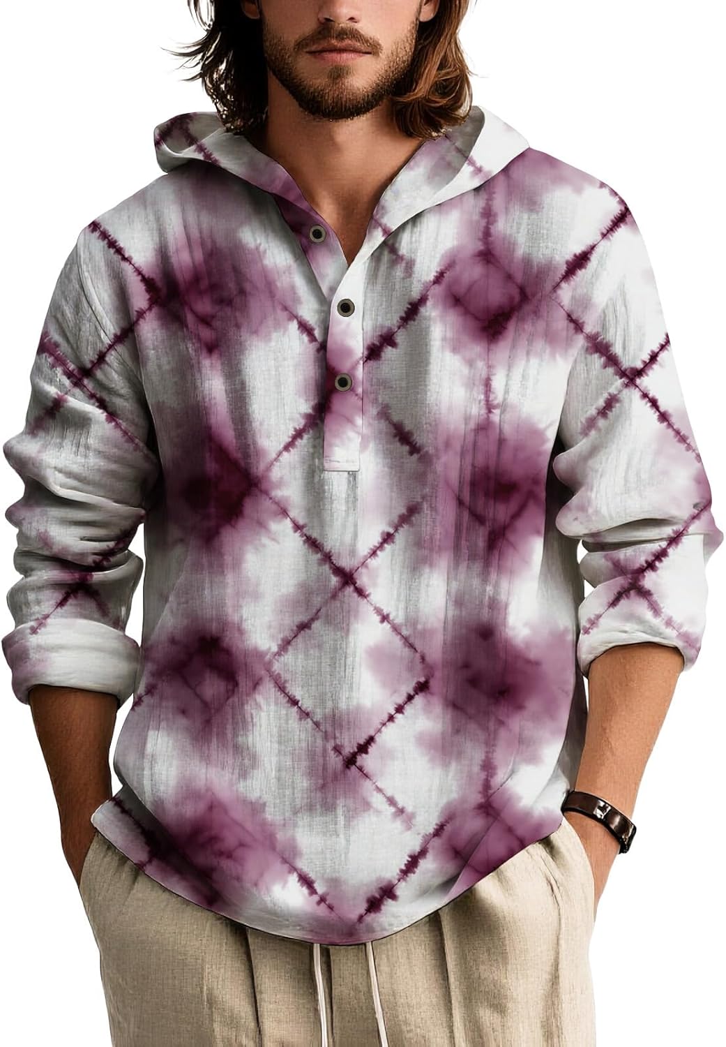 Mens Tie Dye Hooded Long Sleeve Shirt Lightweight Pullover Button Placket Casual Top for Spring Summer Streetwear
