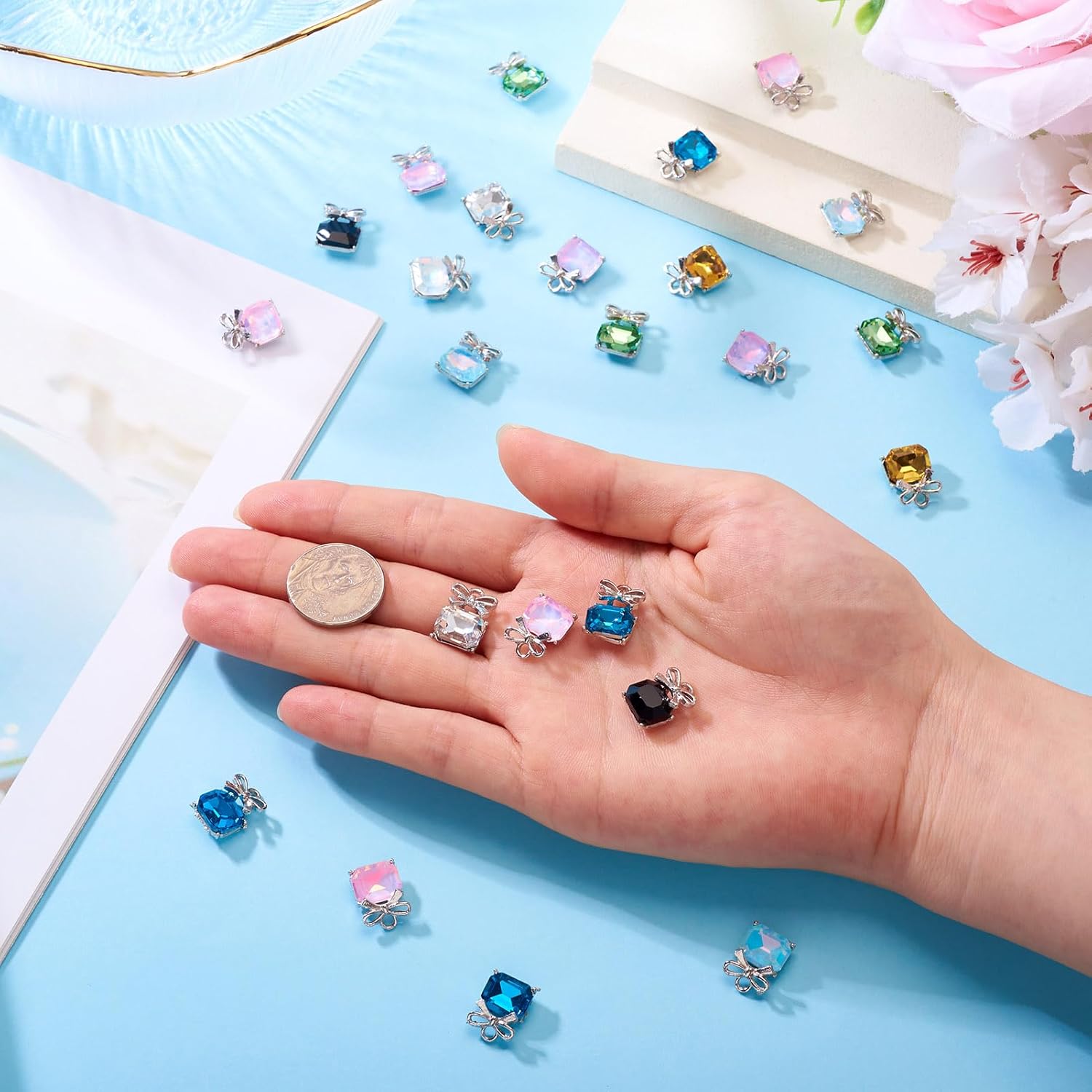 Craftdady Faceted Square with Bowknot Pendants Sparkle Alloy Glass Charms Assorted Colorful Crystal Rhinestone Charms for Jewelry Making Necklace Bracelet Keychains - Image 4
