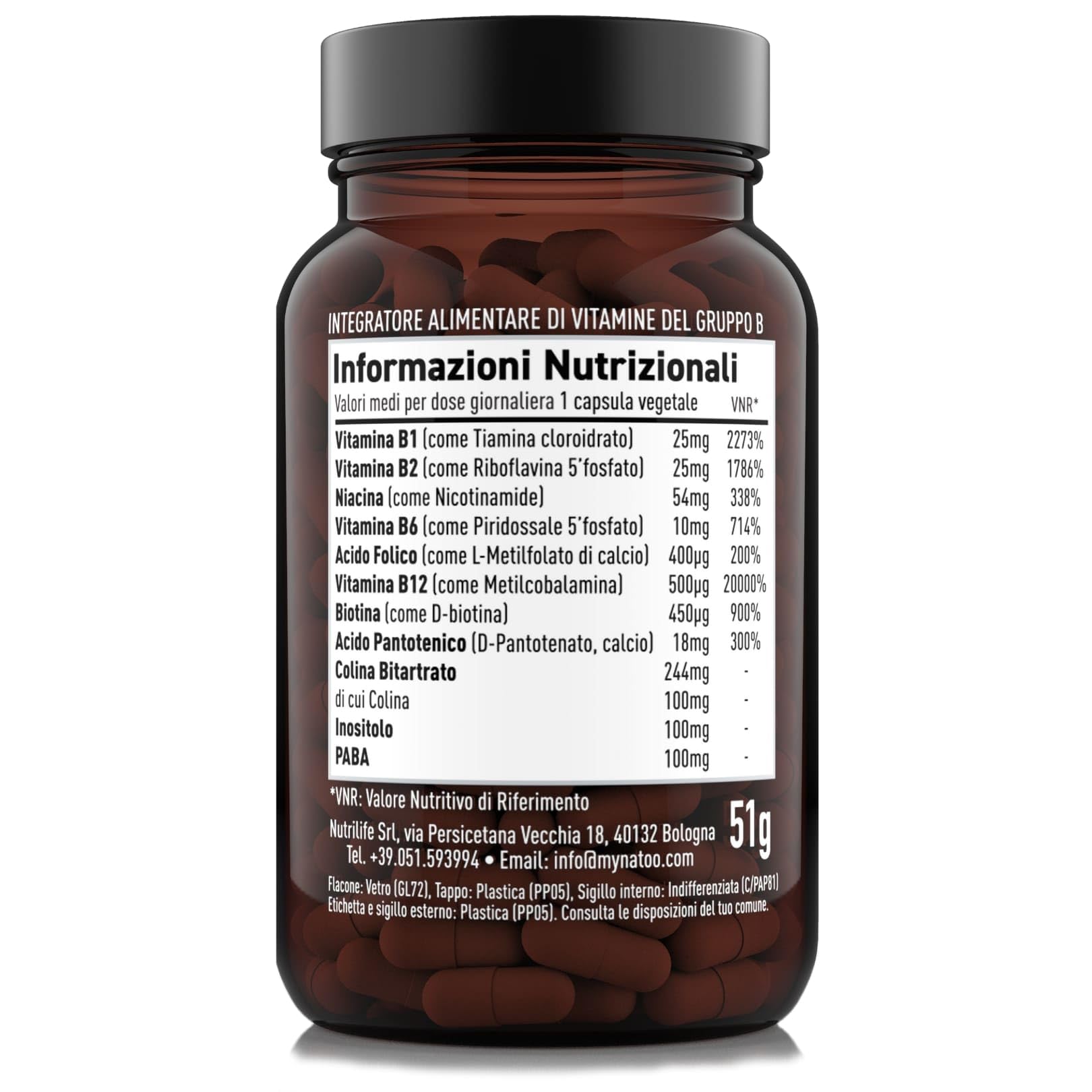 NÄTOO Vitamina B Complex Strong 60 Capsule con Vitamina B1, B2, B3, B6, B9, Colina, B7, B8, B12, nella loro Forma Bio-Attiva, 2 Mesi di Fornitura